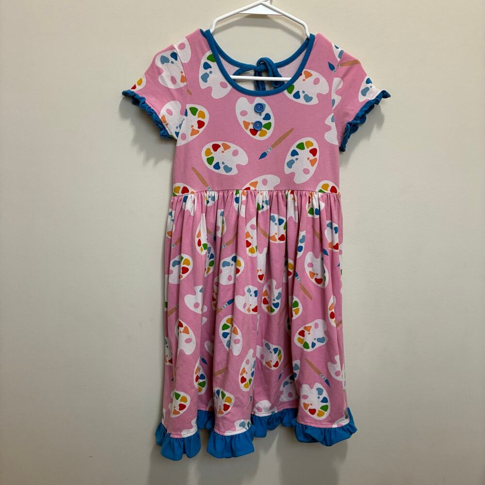 Eleanor Rose Paint Palette Dress Pink Blue Ruffle Hem Girls Size 14 16